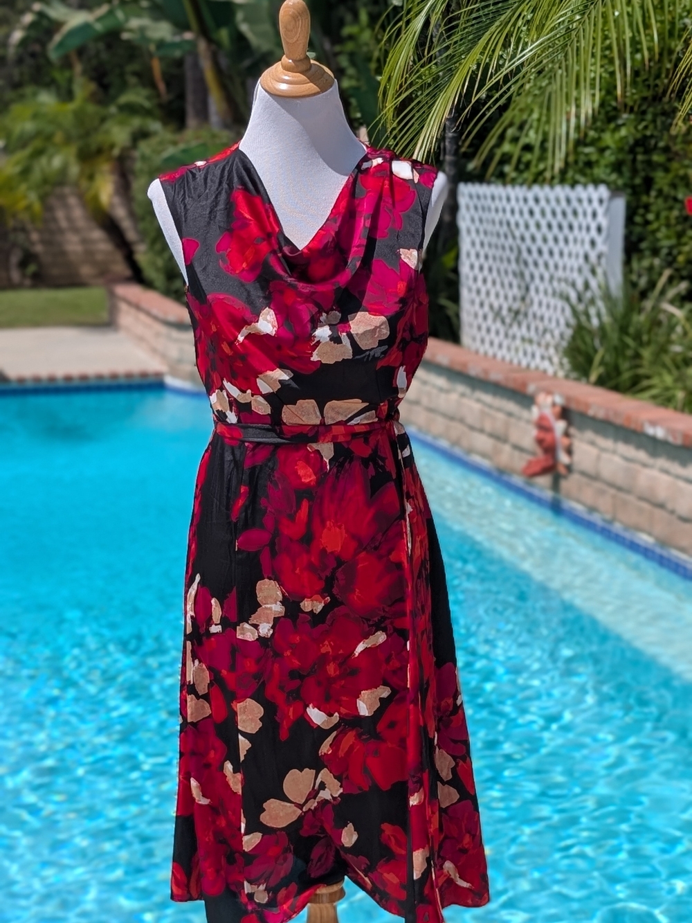 Kasper Black Dress with Red and Cream Floral Print